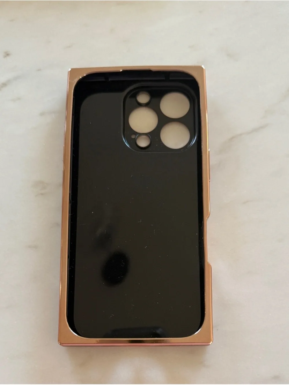 Black Glossy iPhone 16 Pro Case with Rose Gold Heart & Camera Trim